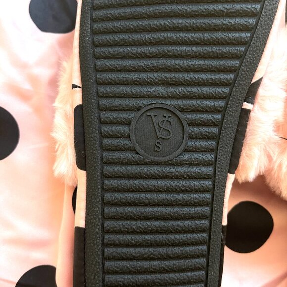 New Victoria's Secret Slippers Small 5 6 Pink Black Dot Satin Faux Fur NWT - Picture 9 of 10